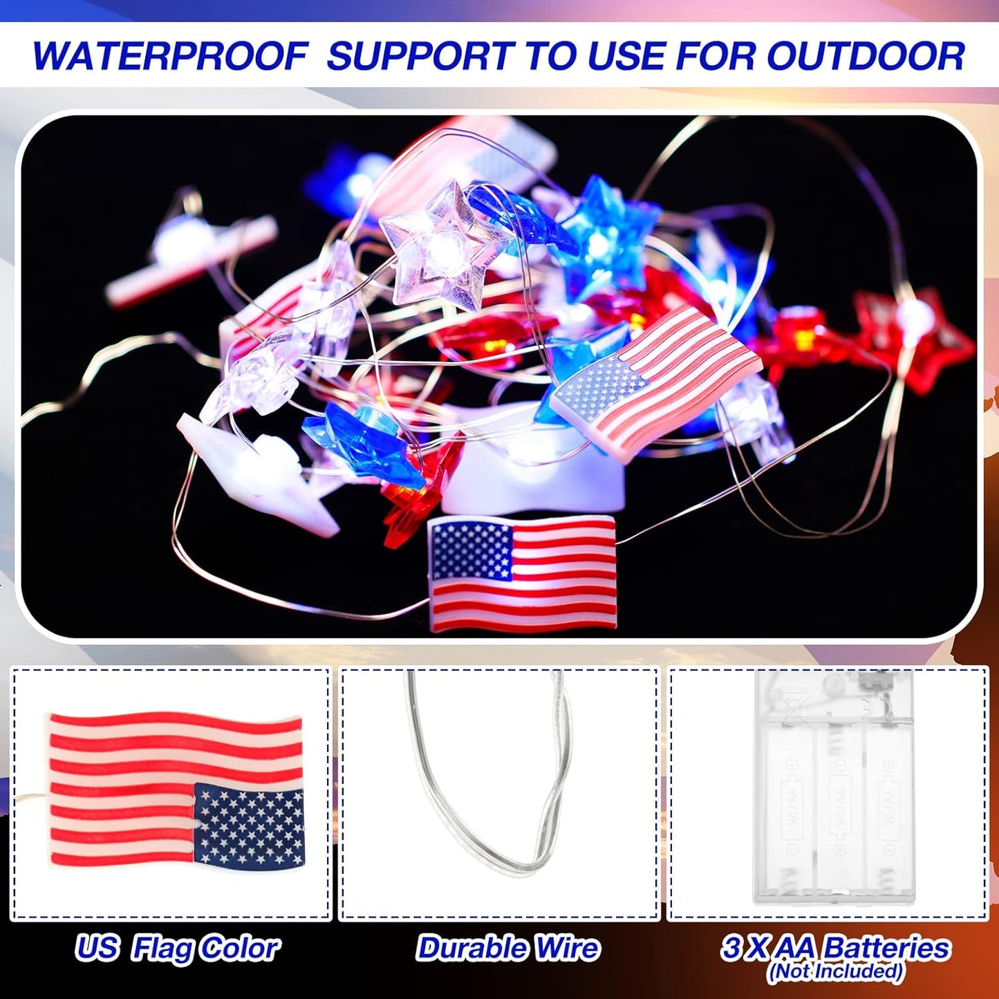 2 4th 10ft 30 Zhanmai Pcs of July Decorations Lights Red White Blue String Lights LED Patriotic Stars American Flag