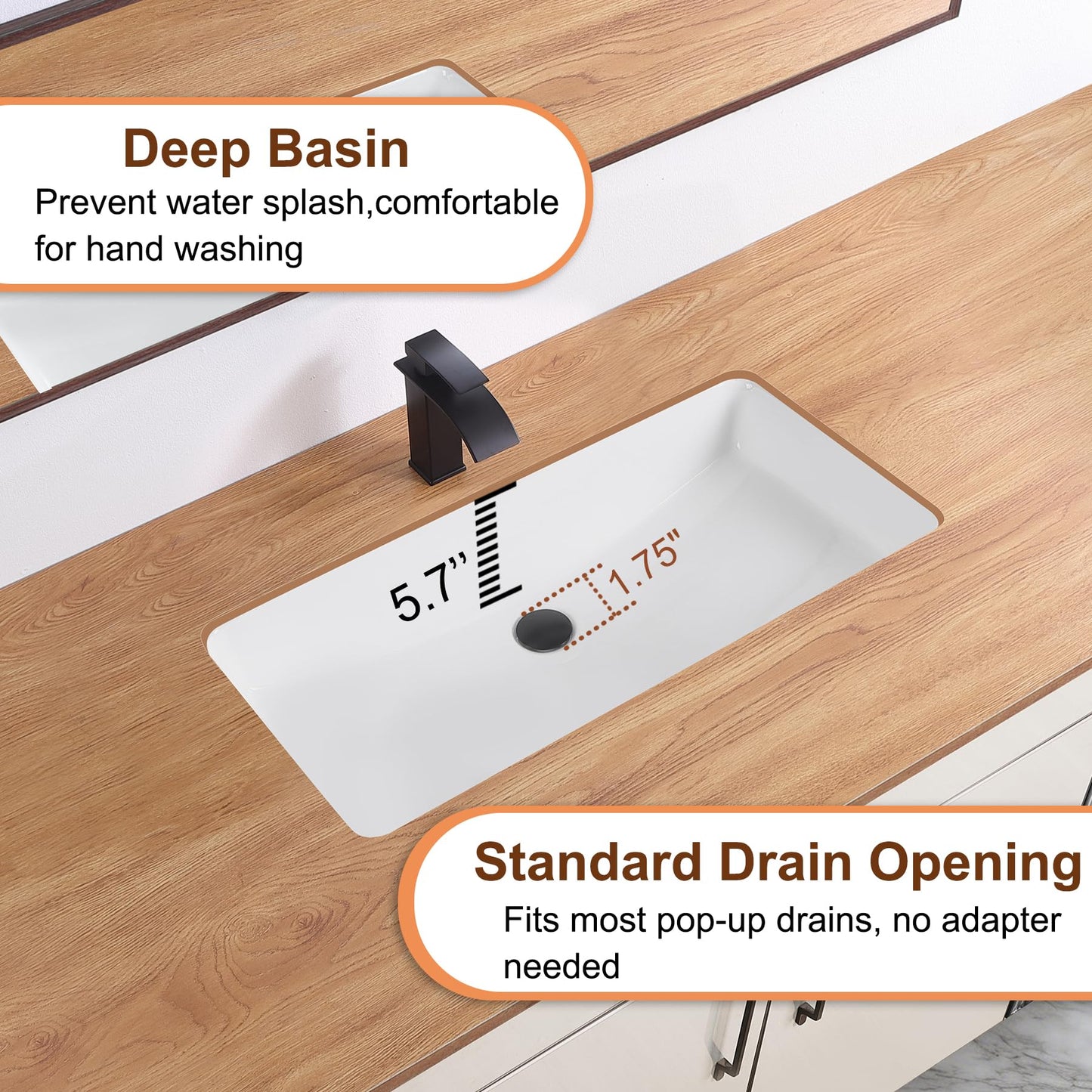 DEHOMEN 32 inch Undermount Bathroom Sink with Overflow for Shared Bathroom, Large Rectangular Single Bowl Vanity Basin For Modern Master Suite Double Faucet Setup, Porcelain Lavatory Vessel,White