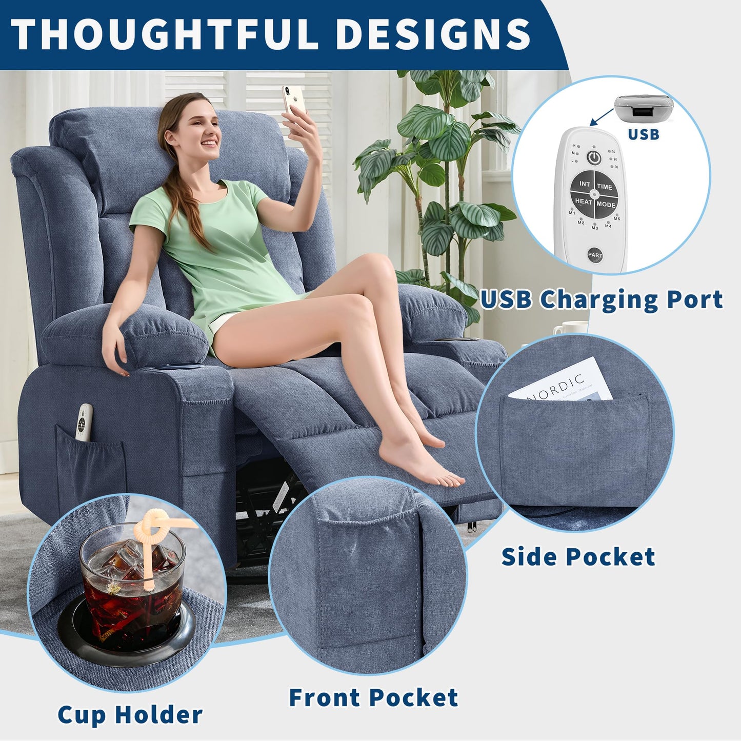 GarveeLife Rocking Recliner Chair for Nursery Glider Recliner with Cup Holder Swivel Rocker with Upholstered Deep Seat Comfy Single Sofa for Living Room Blue