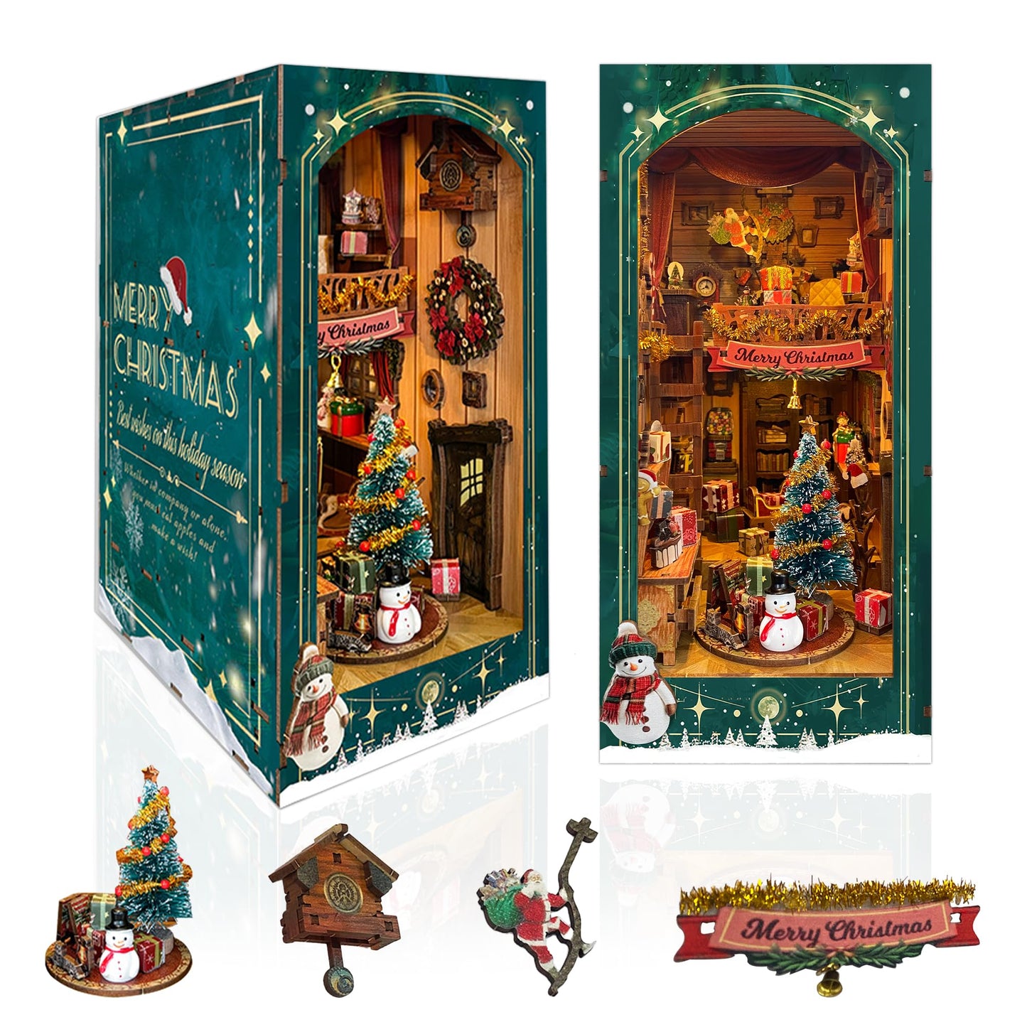 Strucwood Christmas Book Nook Kit with LED Light - 3D Wooden Puzzles Booknook for Book Shelf Decor - DIY Dollhouse Kit - Book Nooks Decor with Dust Cover Jingle Cabin(SQ-34)