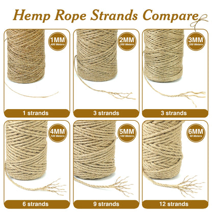 5mm*328 Feet Natural Jute Twine String DIY Home Decor,Thick Jute Twine for Crafting Gift Wrapping Packing Gardening Crochet Knitting Macrame Decor,5mm Brown Rope for Refurbish Cat Tree