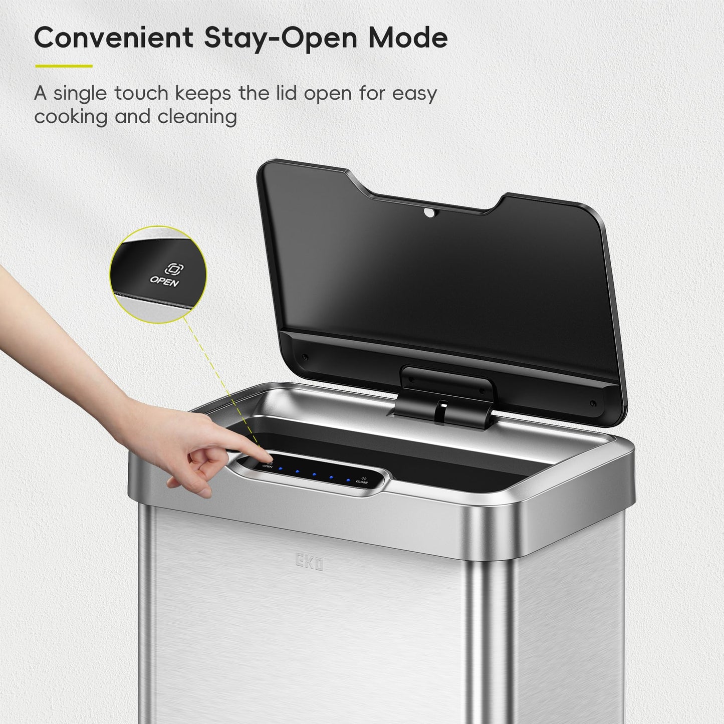 EKO Mirage-T 50 Liter / 13.2 Gallon Touchless Rectangular Motion Sensor Trash Can, Brushed Stainless Steel Finish