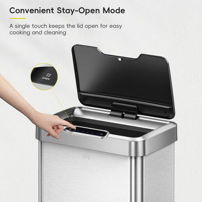 EKO Mirage-T 50 Liter / 13.2 Gallon Touchless Rectangular Motion Sensor Trash Can, Brushed Stainless Steel Finish