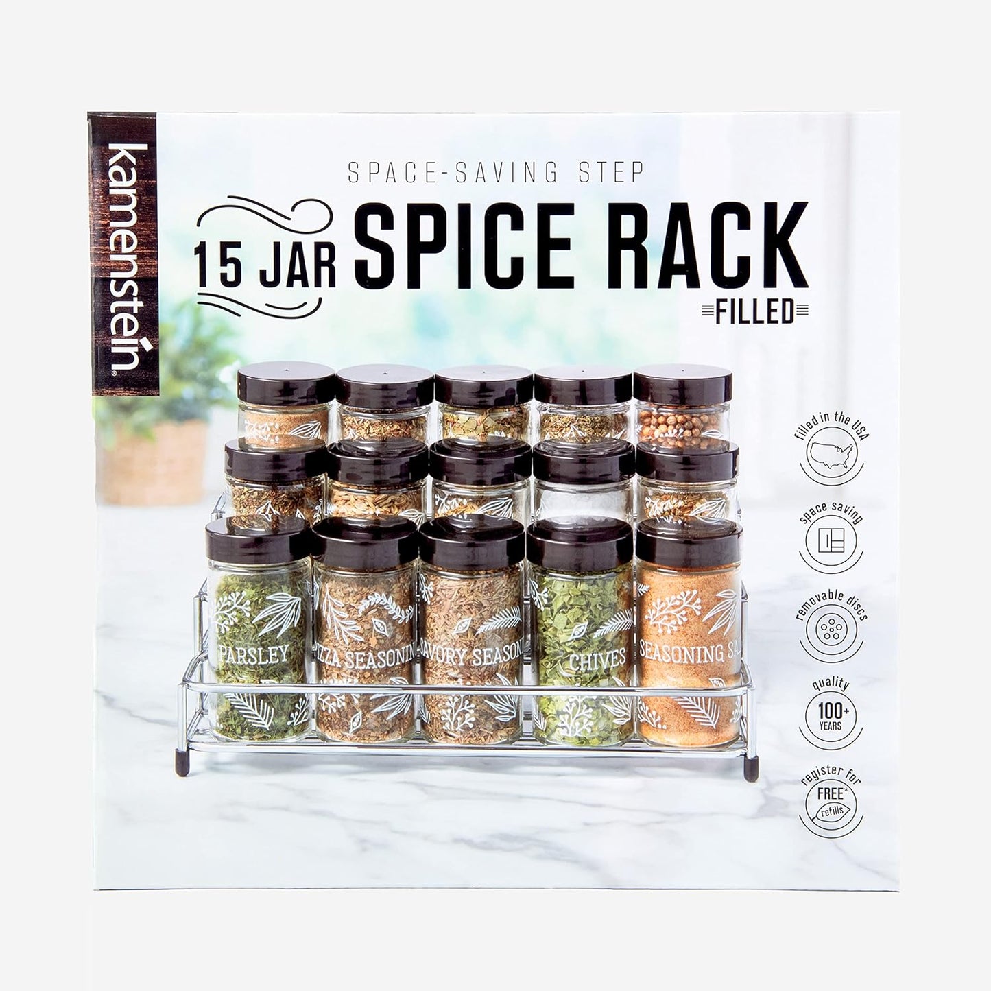 15 Countertop 5 9.5 5.8 9 Kamenstein Jar Lincoln Spice Rack with Spices Included, FREE Spice Refills for Years, Chrome