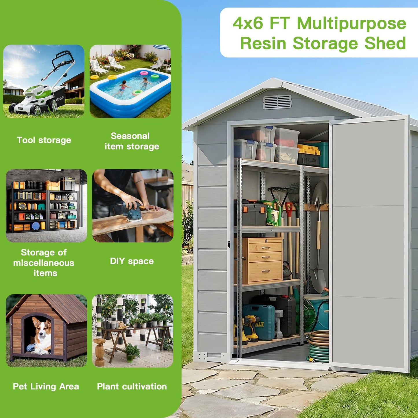 AIRAJ 4x6 FT Outdoor Storage Shed,Resin Storage Shed with Floor/Window/Vent/Roof Rainwater Drainage/Lockable Door,All-Weather Plastic Garden Sheds,for Yard,Garden,Poolside,Lawn Mower,Seasonal Items