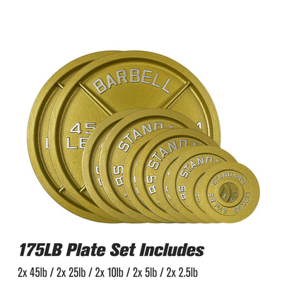 Gold Finish Olympic Steel Plates - Pairs and Sets 2 Inch Barbell Standard in Premium Gold for Weight Lifting (175lb Set)