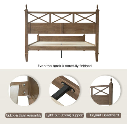 King Size Solid Wood Bed Frame, Platform Bed with Headboard & Footboard, 12 Heavy-Duty Slatted Base with Metal Legs, No Box Spring Needed, Noise-Free & Anti-Slip, Easy Assembly, Barnwood Finish RIK-30