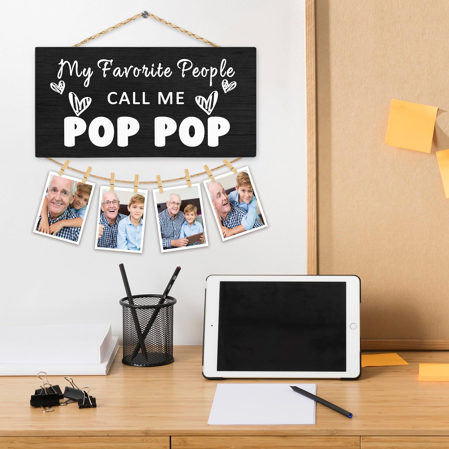 Hiuwevt Pop Pop Picture Frame Photo Hanging Display, Grandpa Gifts for Christmas, Grandfather Gifts from Grandaughters Grandsons, Father Dad Picture Board Photo Holder for Wall Decor