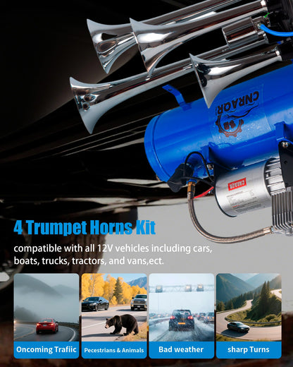 CNRAQR 178DB 4 Horns Train Horn with 1.6 gallon Air Tank and 150 PSI Compressor 12V Kit Train Horn 6 L Air Horn Kit for Truck Car Jeep SUV Train Boat