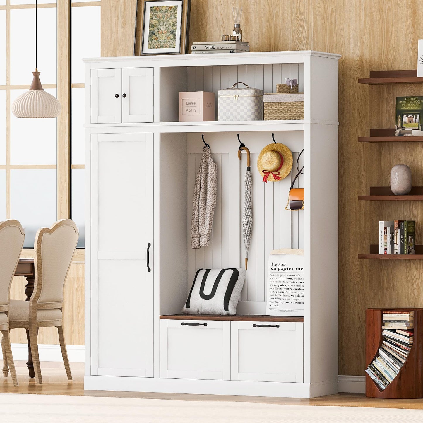 Merax 3-in-1 Hall Tree with Overhead Storage Cabinet, Adjustable Side Shelves,4 Hooks,2 Spacious Drawers,Grooved Back Panel Design, Contrasting Seat Bench,Multifunctional Entryway Organizer, White