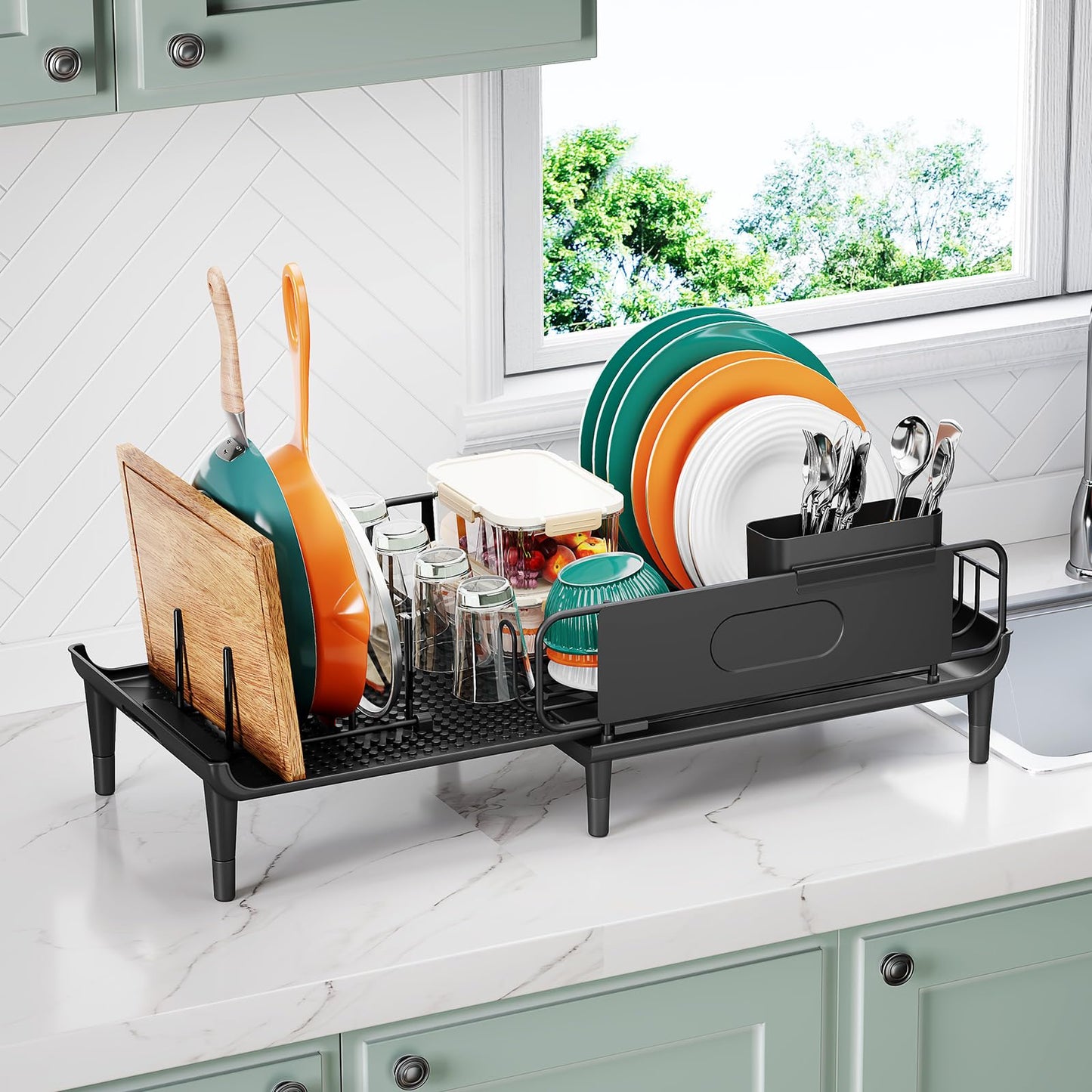 Large Extendable Dish Drying Rack, 16.93" to 26.57" Expandable Dish Rack for Kithen Counter, with Multifunctional Drainboard, Fits Any Sink, Heavy-Duty Steel Plate Drainer for Countertop Organization