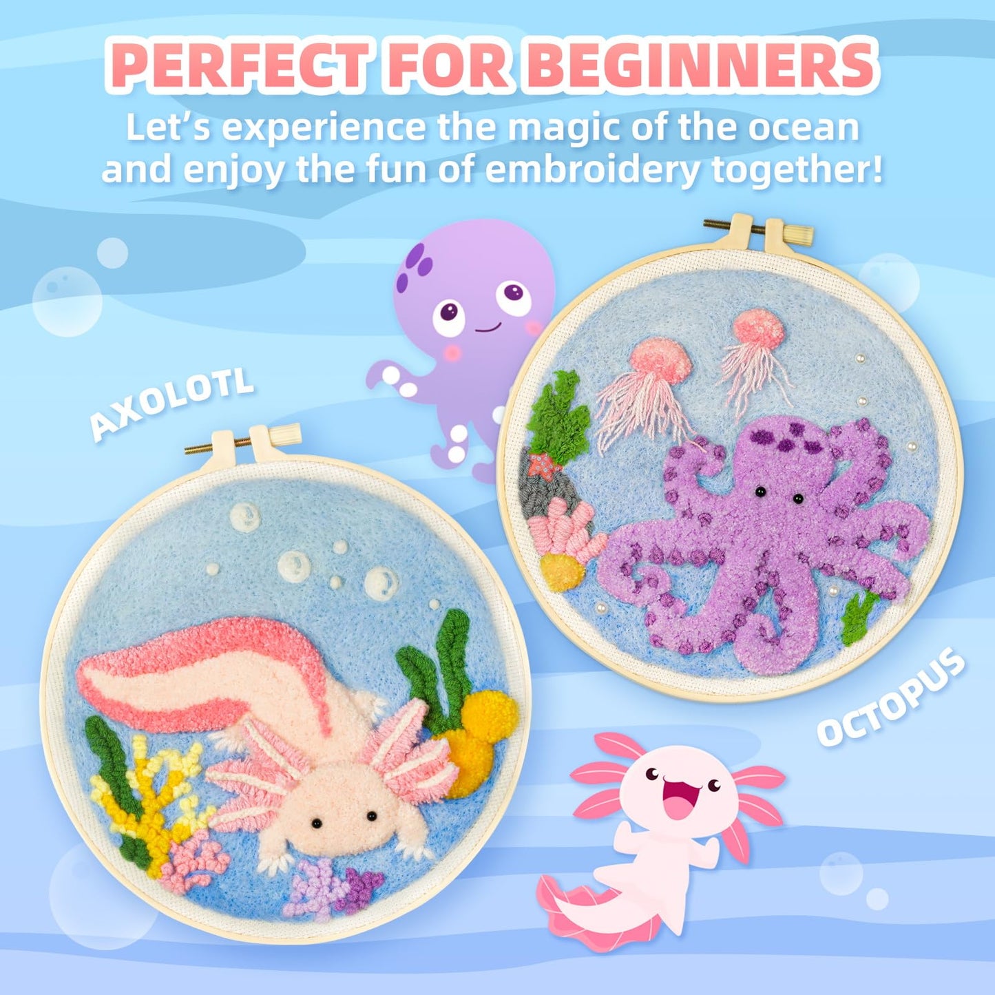 Punch Needle Kits Adults Beginner,Punch Needle kit for Beginners, Embroidery kit for Beginners,Includes All Tools and Materials,Easy to Follow Instructions and Videos-(Axolotl+Octopus)