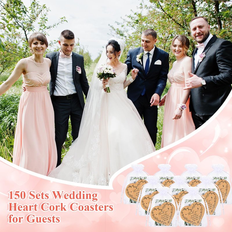150 Sets Rustic Wedding Favor Coasters, Heart Cork Coasters for Guests, Mr & Mrs Coaster Favors with Thank You Cards & Organza Bags, Bridal Shower Party