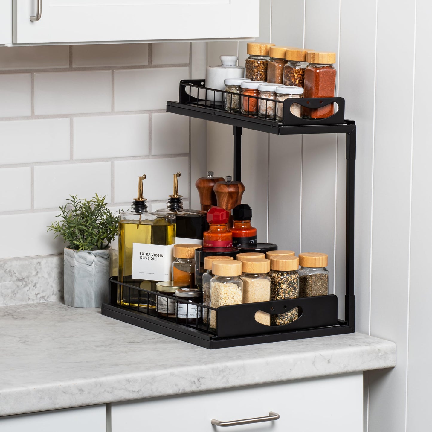 ClearSpace Under Sink Organizer, Pull Out Cabinet Organizer, 2 Pack - 2 Tier Slide Out Organizers and Storage Shelf - Metal Sliding Drawer for Kitchen Bathroom Pantry Cabinet Organization Rack, Black