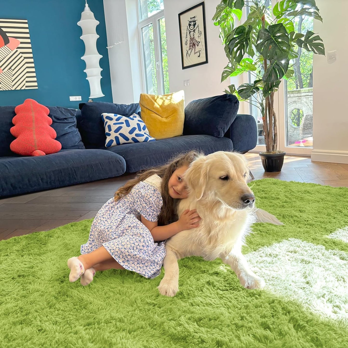 OLANLY 2x4 Machine Washable Runner Rug - Soft Fluffy Shaggy Design for Bedroom & Hallway | Grass Green