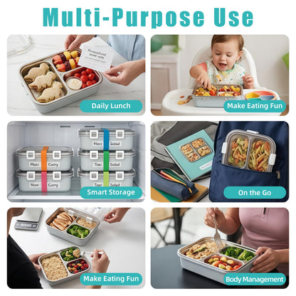 BSTUR Stainless Steel Bento Box for Adults, 3-Compartment Meal Prep Lunch Container with Bottom Tray & Cutlery, Portable for Work, Gym & Travel – Grey