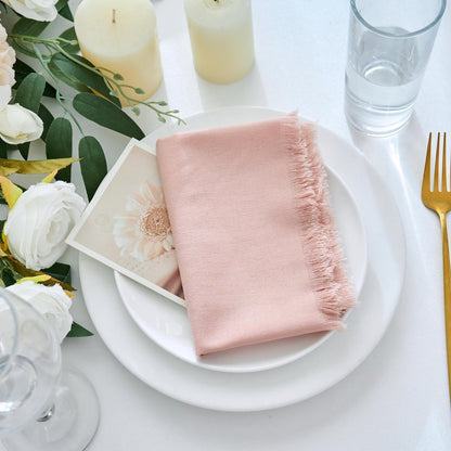 Xiomot Handmade Cotton Linen Napkins Cloth with Fringes Set of 4 17"x17" Dusty Pink Boho Dinner Table Napkins Bulk for Wedding Party Bridal Baby Shower Decoration