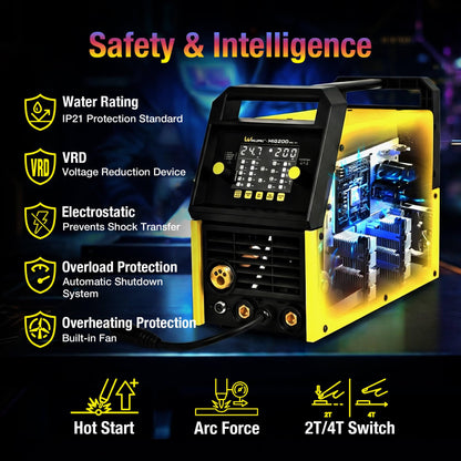 Weldpro MIG Welder, 200Amp 7-in-1 Gas MIG/Gasless Flux Core MIG/Synergic MIG/Lift TIG/MMA/Spot/Spool Gun Aluminum Multi process Welding Machine with Large LED Display, IGBT, 2T/4T, Save Job