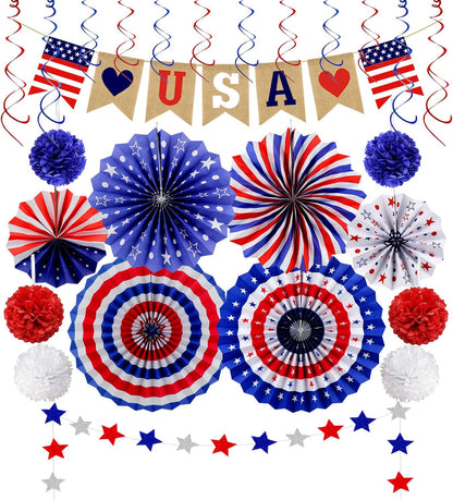 26Pcs 4th Patriotic Decorations of July Decorations LOVE USA Banner Red White Blue Paper Fans Star Streamer Pom Poms