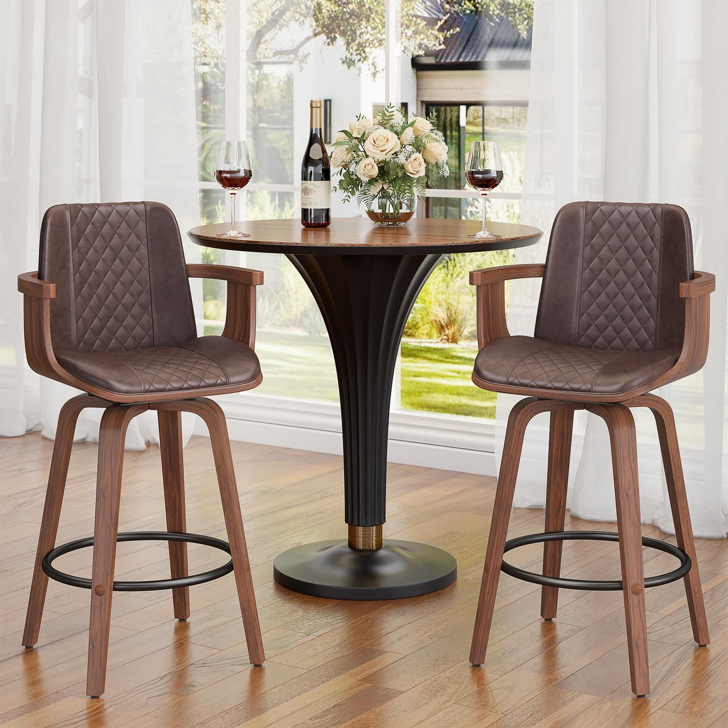 YaFiti Swivel Bar Stools Set of 2, 26" Counter Height Barstools with Wood Legs and Backs, Upholstered PU Leather Bentwood Frame Bar Chairs with Armrest for Kitchen Island, Dining Room, Brown