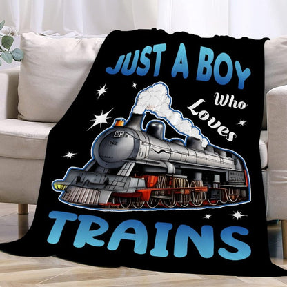 Boy Who Loves Trains Blanket Soft Blankets and Throws Flannel Cozy Lightweight Quilt Gift for Train Lovers for Bed Sofa Couch-50x40 Inches