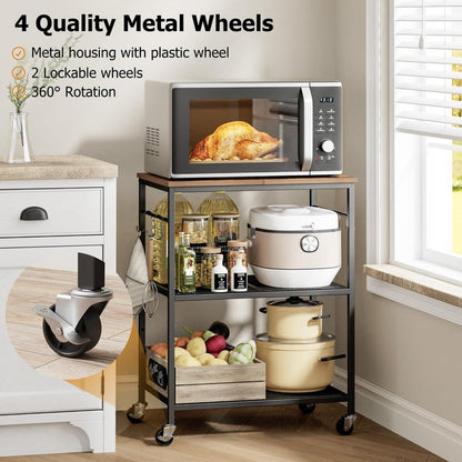 Homleke 3-Tier Rolling Kitchen Microwave Cart, Kitchen Utility Cart on Lockable Wheels, Coffee Bar Table Station with 6 S-Shaped Hooks, Small Appliance Storage Shelf, Rustic Brown and Black