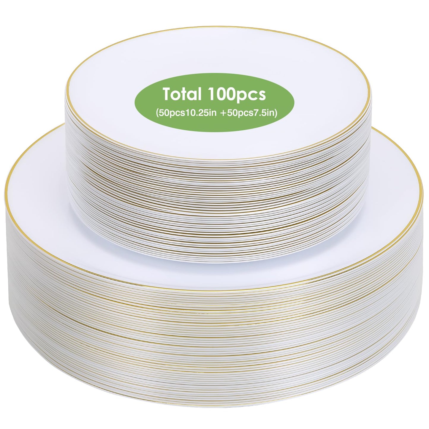 Moretoes 100PCS White Gold Plastic Plates Disposable,Party Plates White with Gold Rim, 10.25inch Dinner Plates and 7.5inch Dessert Salad Plates Heavy Duty Plates for Wedding Party and Birthday