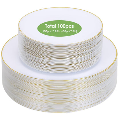 Moretoes 100PCS White Gold Plastic Plates Disposable,Party Plates White with Gold Rim, 10.25inch Dinner Plates and 7.5inch Dessert Salad Plates Heavy Duty Plates for Wedding Party and Birthday
