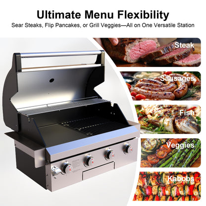 Brand-Man Gas Grill Built-In Head, 30-Inch 4-Burner Propane Grill, Natural Gas Convertible, Heavy Duty 304 Stainless Steel 40,000BTUs BBQ Island Outdoor Kitchen