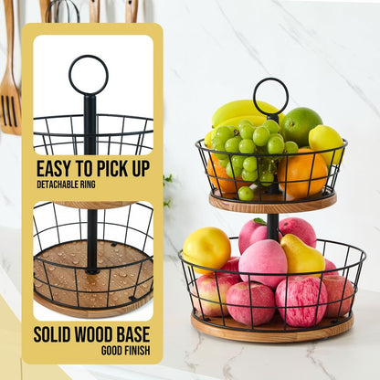 WILDMOS 2 Tier Fruit Bowl - Sturdy Iron Wire Fruit Basket with Real Wood Base, 12 Inch Large Fruit Basket for Kitchen Counter, Anti-Slip Silicone Pads, 2 Tier Fruit and Vegetable Storage Solution