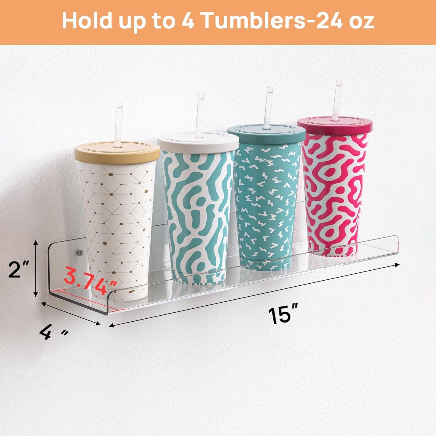 Upsimples Acrylic Floating Shelves - 15” Wall Organizer for Bathroom, Bedroom & Nursery | Clear 2-Pack