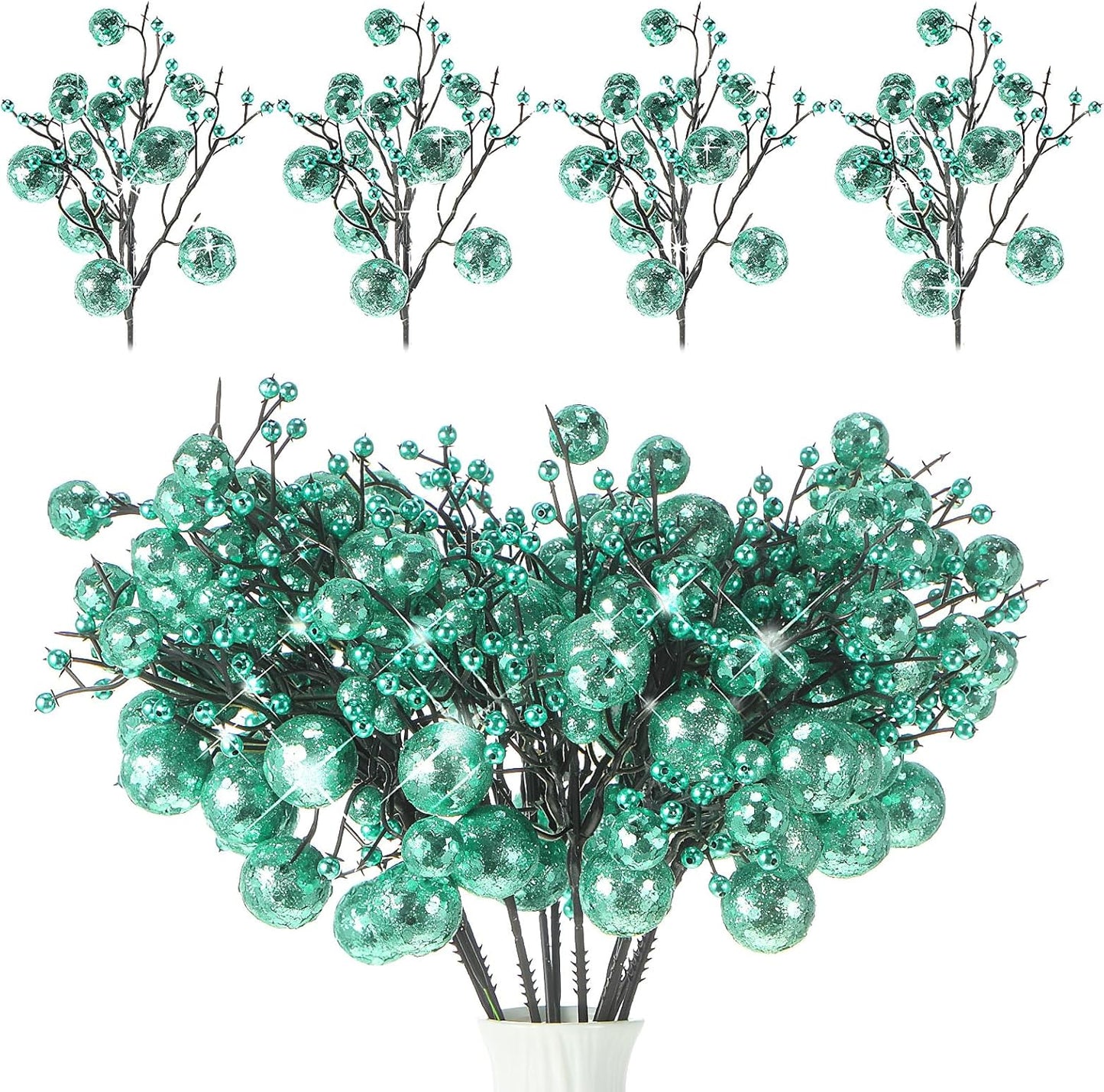 24 10 Inch Geosar Pieces Christmas Glitter Berries Stems Christmas Berry Picks Artificial Glittered Berries Ornaments