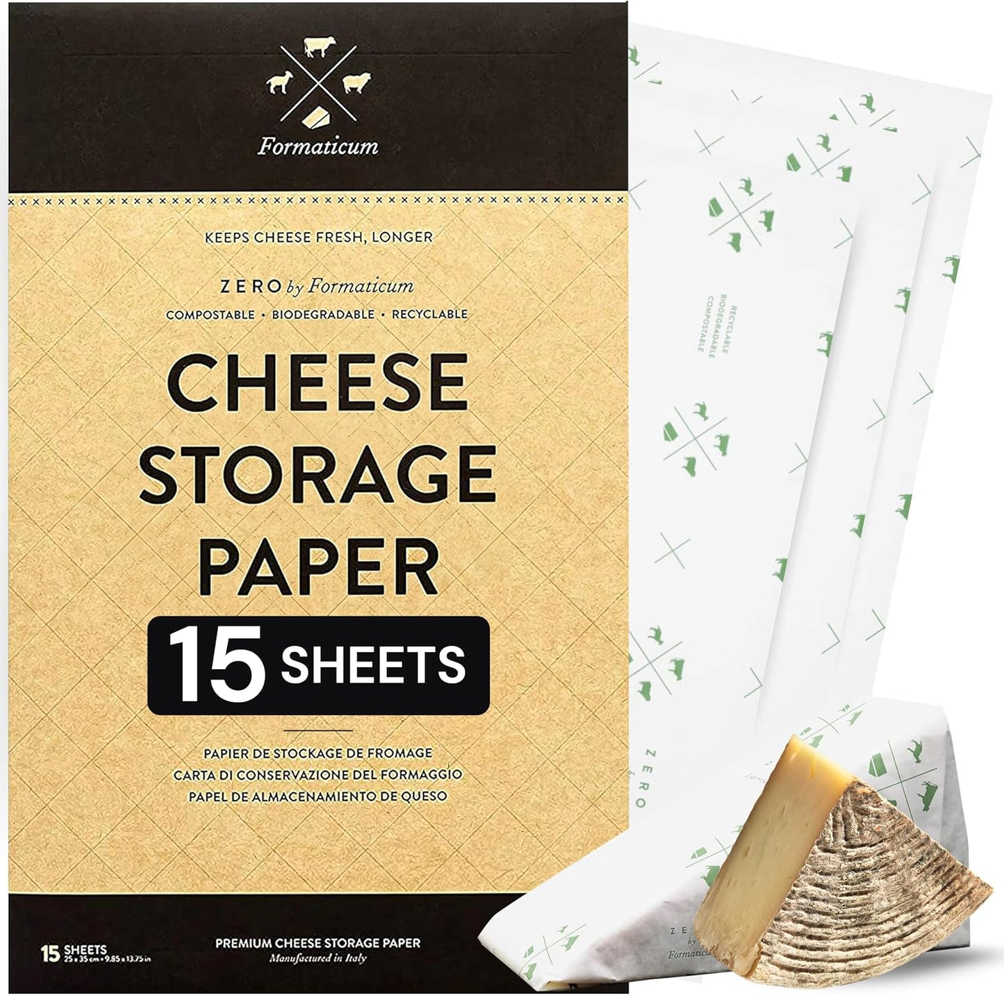 15-Pack 9 13 Inches Formaticum Zero Cheese Storage Paper, Compostable, Biodegradable, and Plastic-Free Paper to Keep