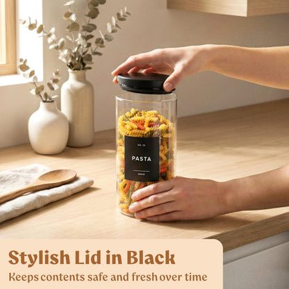 EDELHAUS Glass Storage Containers with Black Lids [Extra Thick Glas] with 54 Labels - Canister For Pantry Noodles Flour Cereal Rice Sugar Tea Coffee Beans - Round Set of 5x