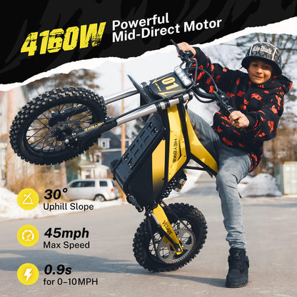 Heybike Villain Electric Dirt Bike, 4160W E Dirt Bike with 52V 26AH Battery, 14"/12" Fat Tire Electric Motorcycle for Teens, Max 45MPH Ebike with Reversing Function(with Crossbody Bag; Yellow&Black)