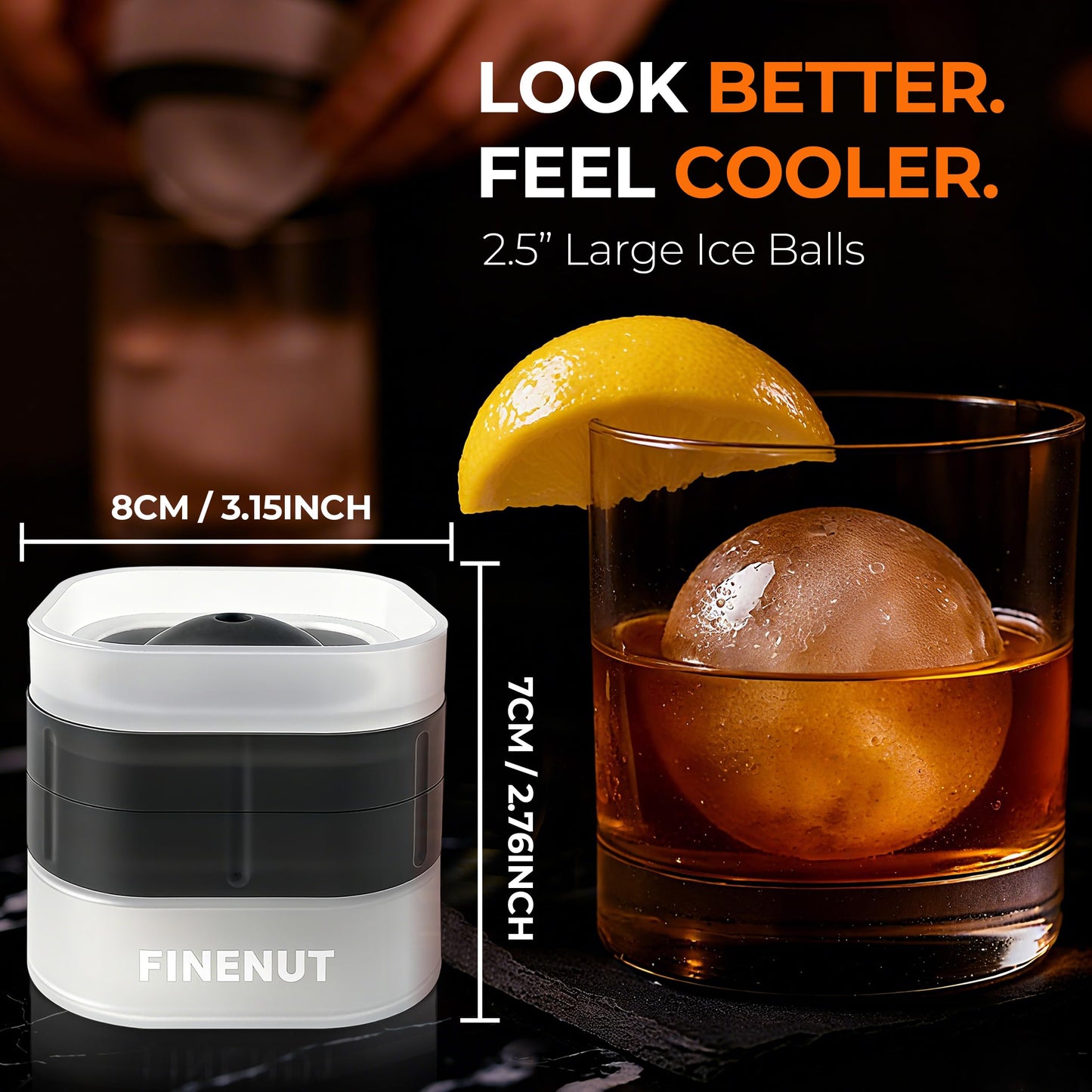 FINENUT Easy Release Ice Ball Maker Mold, 4 Pack, 2.5 Inch Large Round Ice Cube Mold for Whiskey & Cocktails, Stackable Lid, Reinforced Leak-Resistant Silicone, BPA-Free