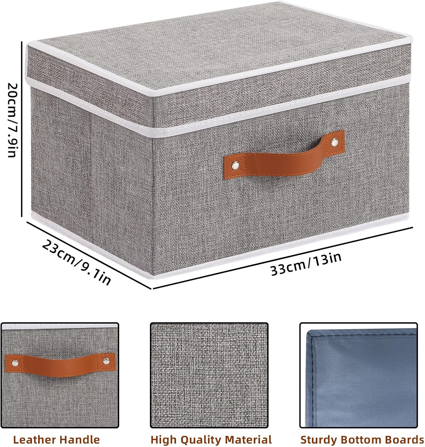 Fabric Storage Bins with Lids, Linen Foldable Storage Boxes, Closet Storage Organizer Containers with Handles, Grey,