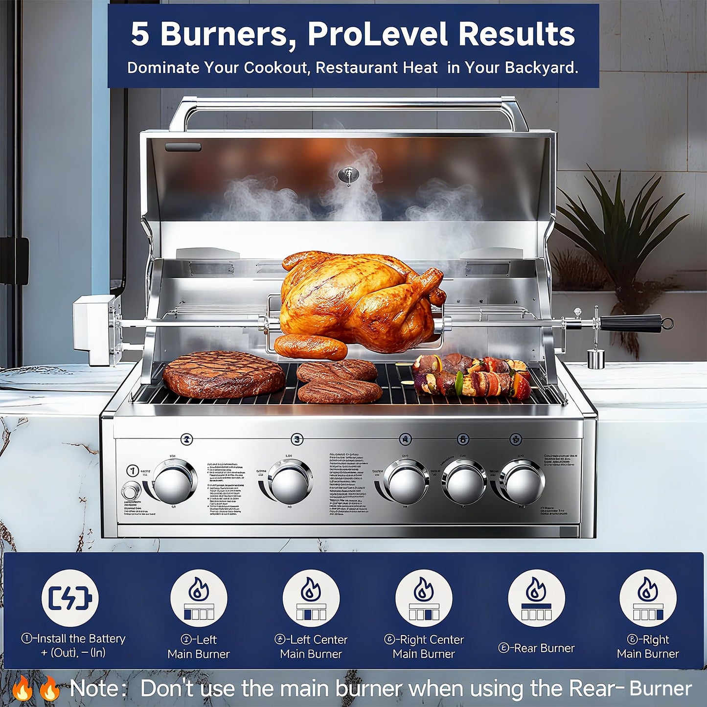 BODEGA 30 Inch Propane Gas Grill, 4x12000-BTU Gas Grill & 1x10000-Infrared Back Burner, Stainless Steel 5-Burner Propane Grill for Outdoor Kitchen, Rotisserie Chicken Fork Kit | Backyard BBQ, Camping.