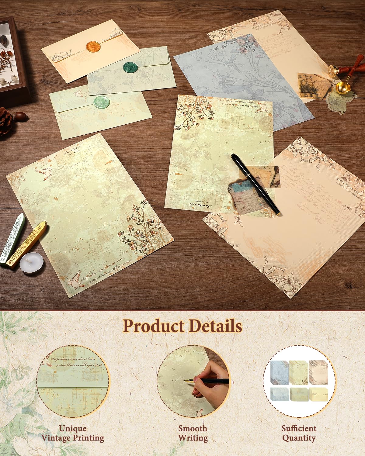 Comealltime 73Pcs Vintage Paper and Envelopes Set, 30 Stationary Letter and Envelopes, 8 Wax Seal Sticks, Wax Spoon, Rosemary Stamp and 2 Tea Candles for Wedding Party Invitation Love Xmas Letter