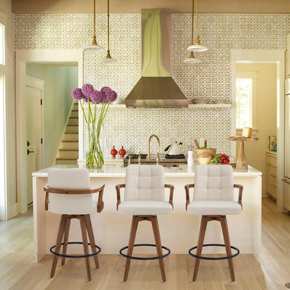 MEKLIBA 26” Counter Height Bar Stools,Leather Upholstered Bar Chair, Swivel Bar Stools with Back and Arms，Modern Beige Barstool Set of 2 for Kitchen Island
