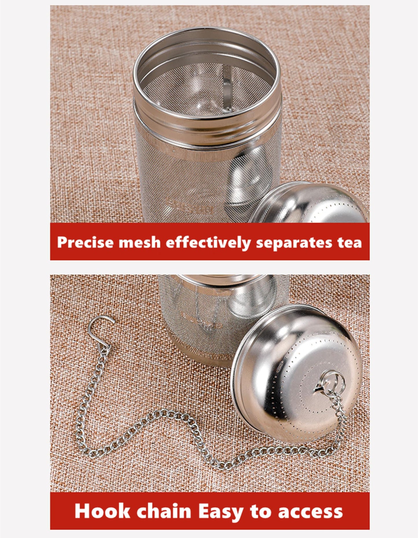 2 Pack Tea Strainers with chain for Loose Tea Sets,Universal Extra Fine Mesh Tea Infuser, 316Stainless Steel & Updated Slim Threaded Lid,Suitable for soaking tea,99% of cup，2 Size