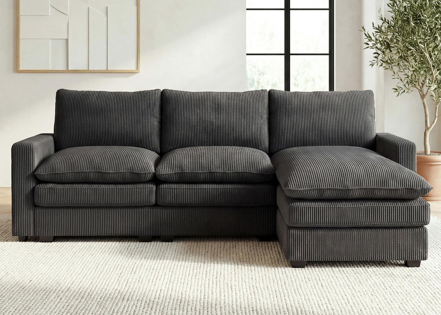 HONBAY 97.6 Inch Corduroy Cloud Modular Sectional Sofa with Chaise, Deep Seat L-Shaped Couch with Storage for Living Room, Apartment, Small Space,Grey