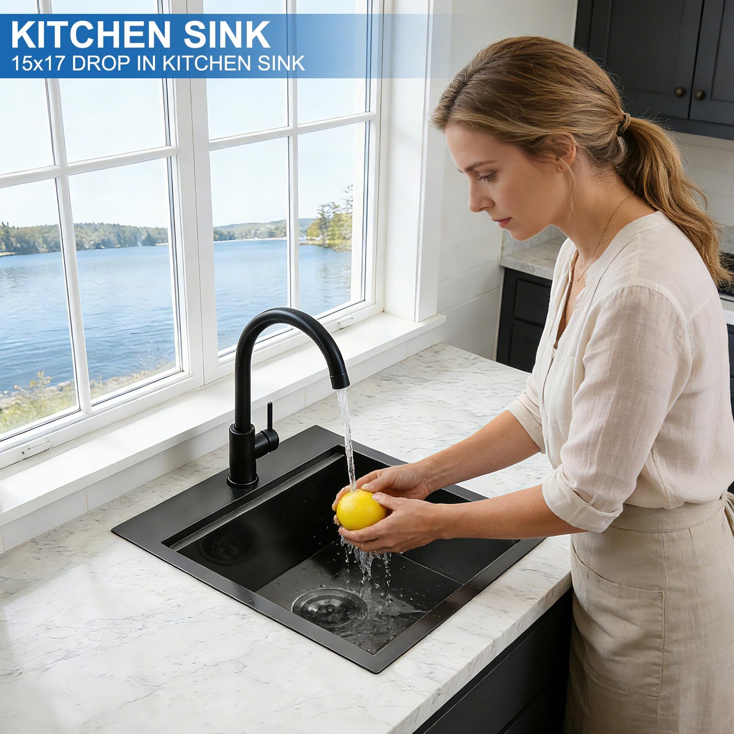 Scamall 15x17x9 Drop In Kitchen Sink Workstation, Nano Black 304 Stainless Steel Deep Single Bowl with Quick Drainage & Tarnish-Free Surface for Bar, Laundry, RV, Includes Accessories