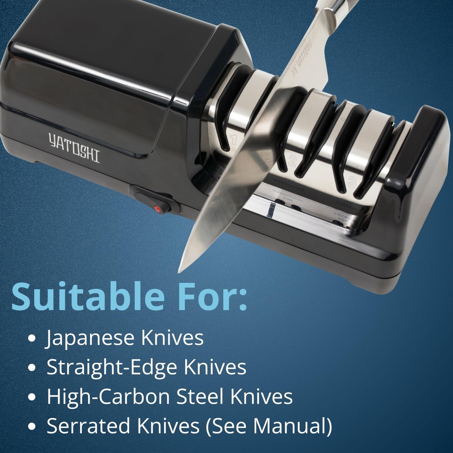 Yatoshi Electric Sharpener, 50-Watt, Diamond Abrasives and Precision Angle Guides, 20-Degree Straight-Edge and Serrated Knives, 3 Stage