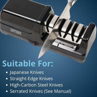 Yatoshi Electric Sharpener, 50-Watt, Diamond Abrasives and Precision Angle Guides, 20-Degree Straight-Edge and Serrated Knives, 3 Stage