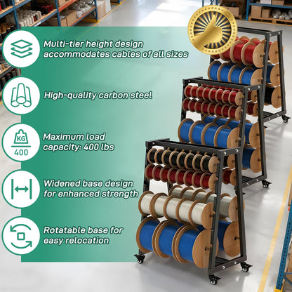 Ustinian Wire Spool Rack, Cable Organizer and Reel with Locking Wheels,Equipped with an adjustable spindle rod, For Electrical and Industrial Use, Holds up to 12 spool rods, 400 pound weight capacity