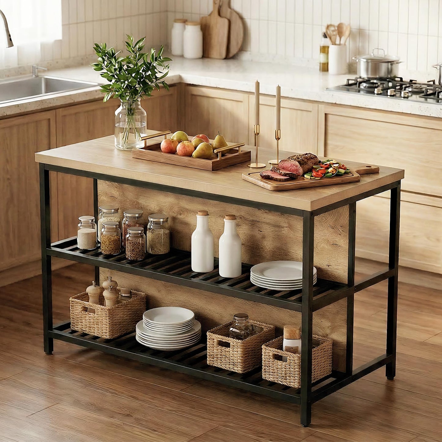 LITTLE TREE 55-Inch Kitchen Island Table with Storage, 3-Tier Stationary Center Island Table with Metal Base, Farmhouse Rustic Kitchen Island, Brown