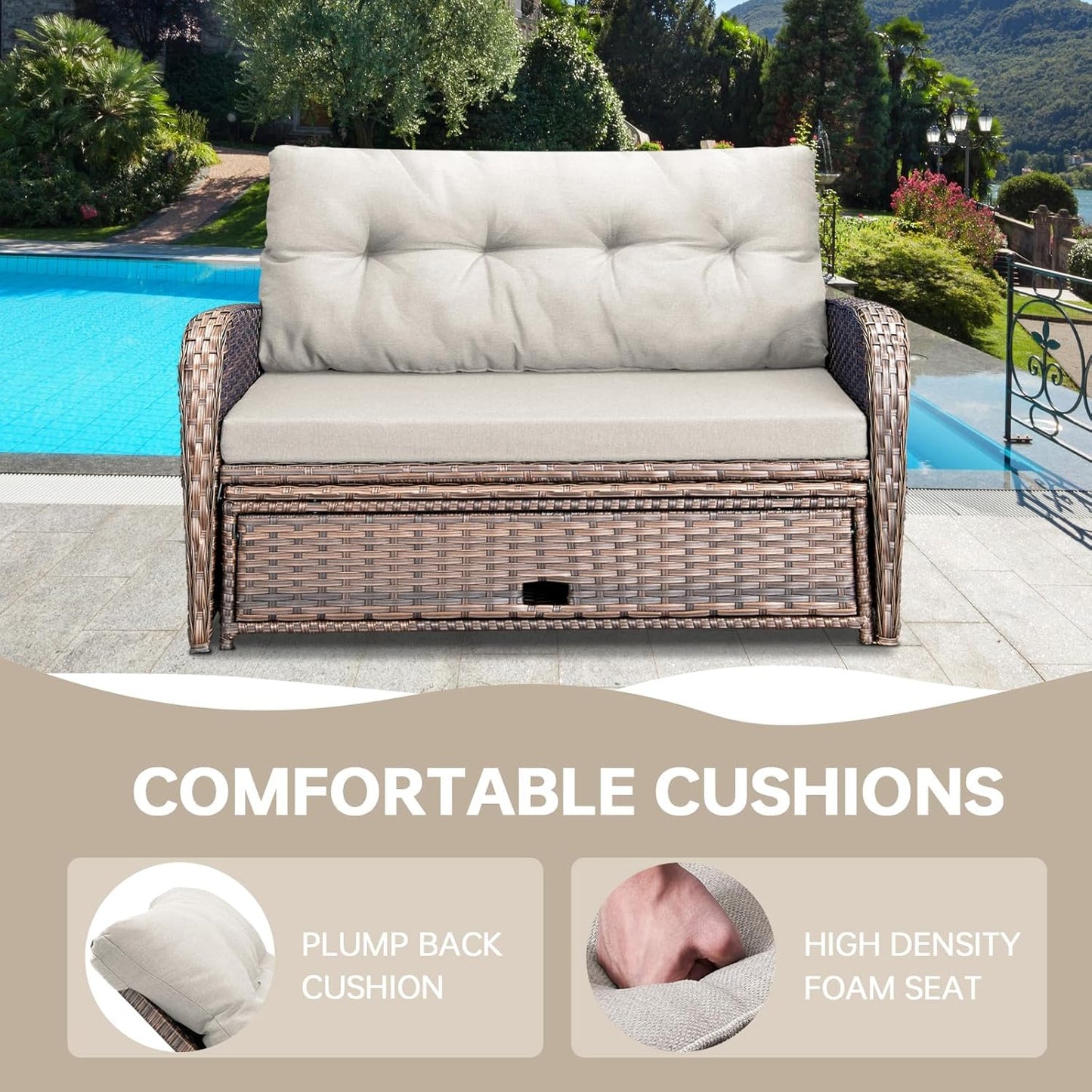 Bellefurn Outdoor Daybed, Patio Daybed Wicker Recliner for Two with Multifunctional Recliner and Stowable Side Tray, 5 Level Adjustable Backrest (Beige)