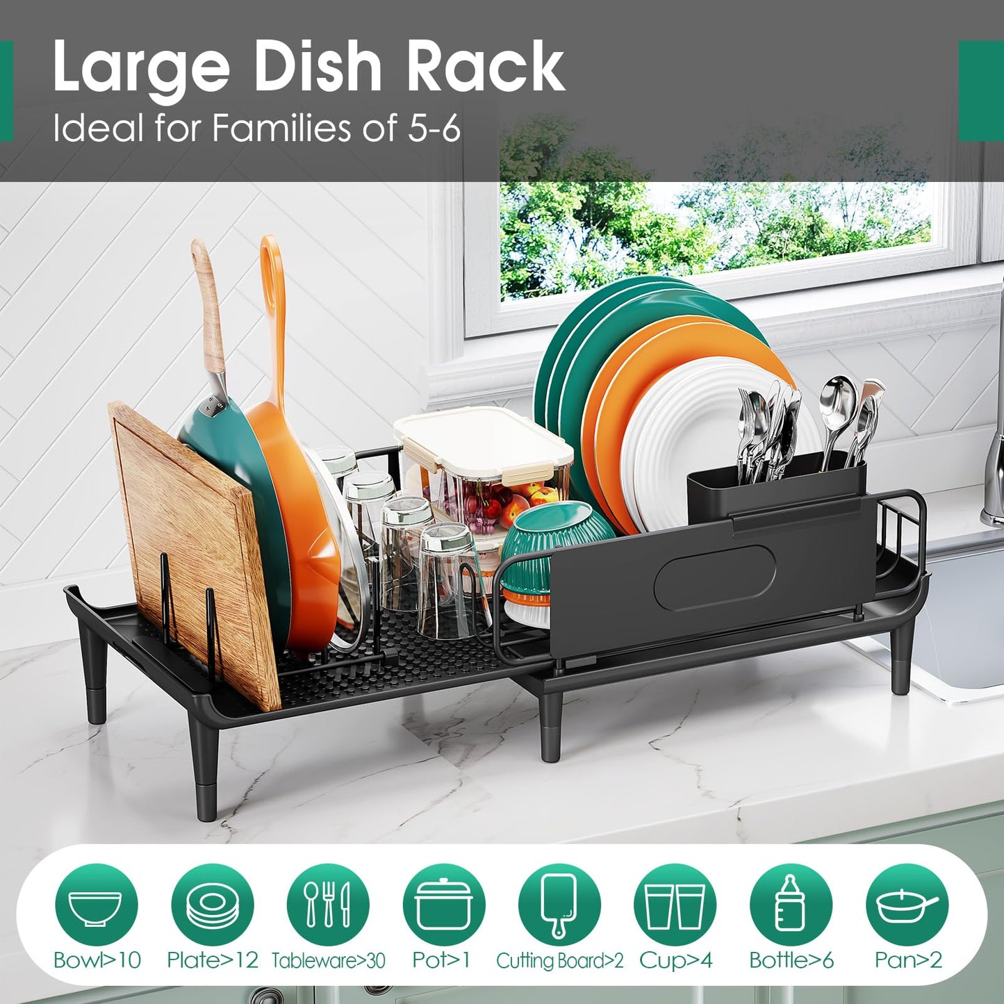 Large Extendable Dish Drying Rack, 16.93" to 26.57" Expandable Dish Rack for Kithen Counter, with Multifunctional Drainboard, Fits Any Sink, Heavy-Duty Steel Plate Drainer for Countertop Organization