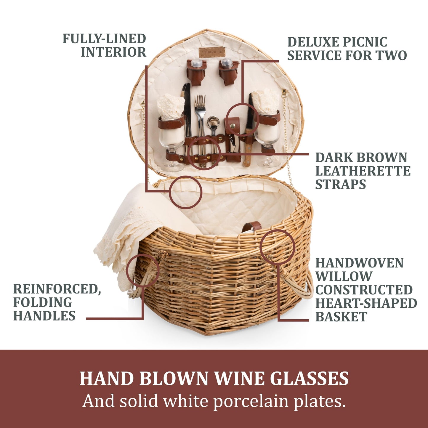 PICNIC TIME Heart Picnic Basket for 2, Wicker Basket with Handle, Complete Deluxe Service for Two, Handwoven and Sturdy Willow Constructed with Fully-lined interior and Accessories, (Antique White)